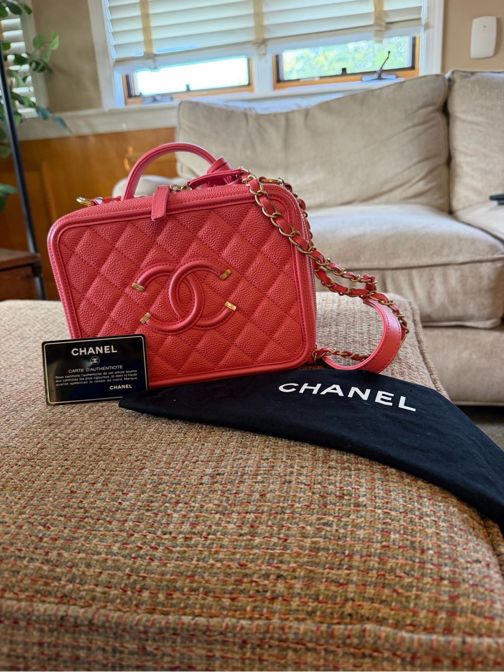 CHANEL Coral Quilted Vanity Crossbody Bag with Gold Chain